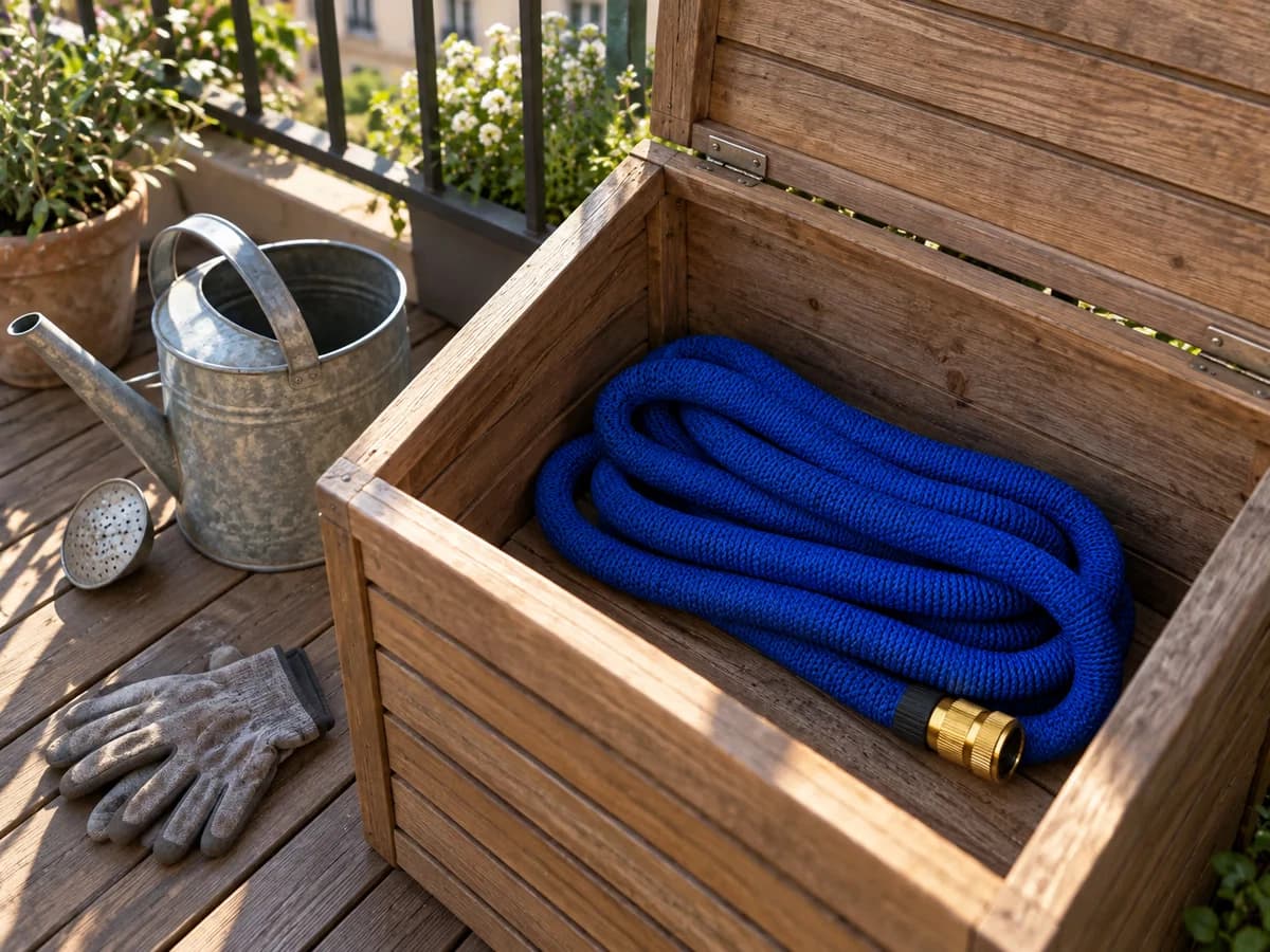 Gaine extensible vidée et pliée dans un coffre de terrasse en bois, à côté d'un arrosoir en zinc, ombre d'un après-midi d'été