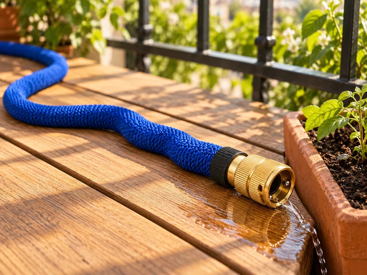 Tuyau extensible vidé posé en travers d'un balcon, embout ouvert laissant échapper un filet d'eau vers une jardinière