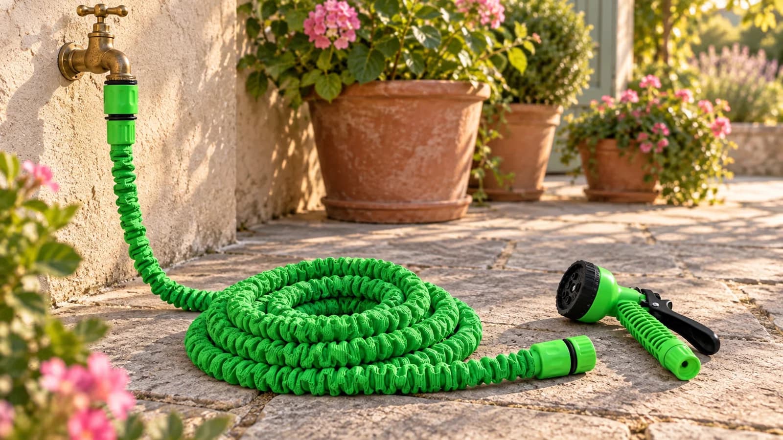 Tuyau extensible vert détendu en spirale au pied d'un robinet de terrasse, pistolet d'arrosage posé sur les dalles