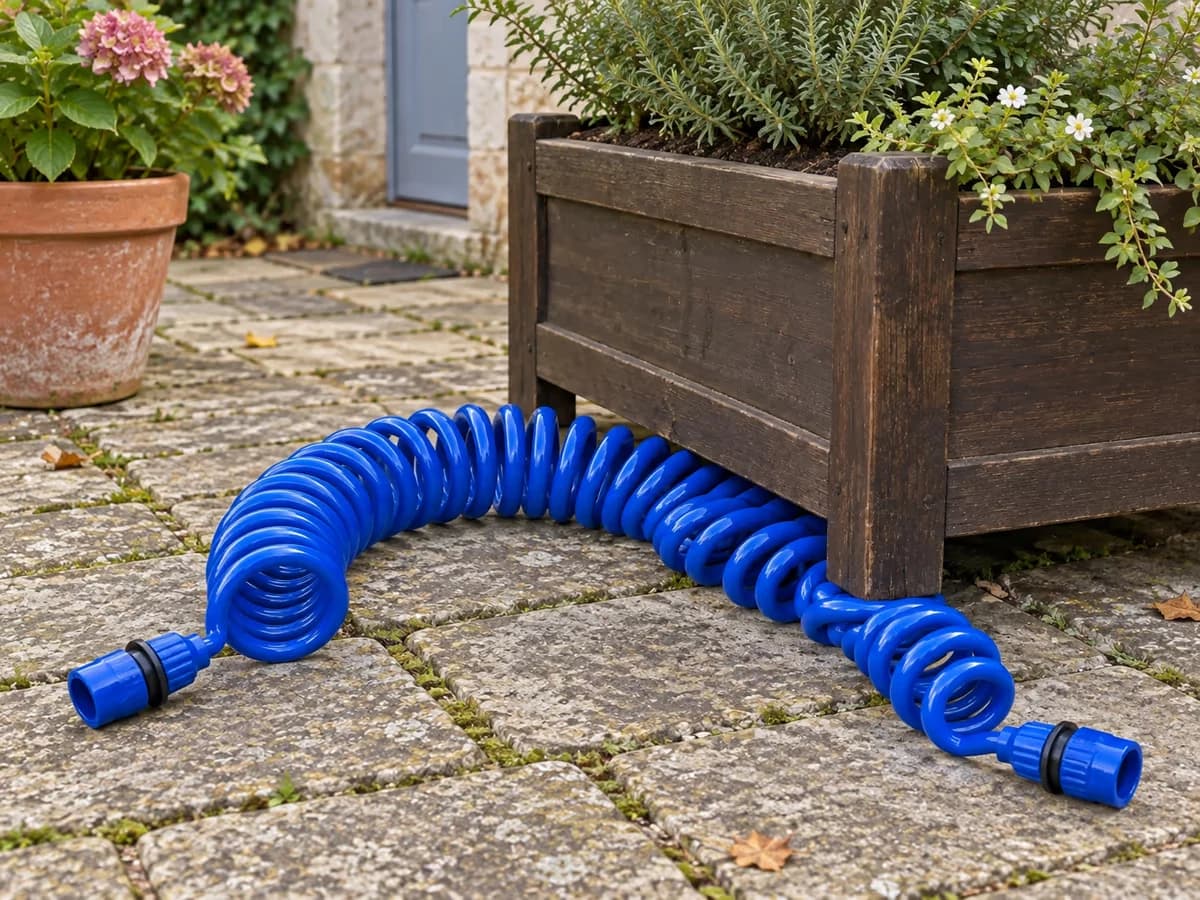 Tuyau spiralé bleu coincé en partie sous un bac de plantation sur une terrasse, boucles plaquées au sol
