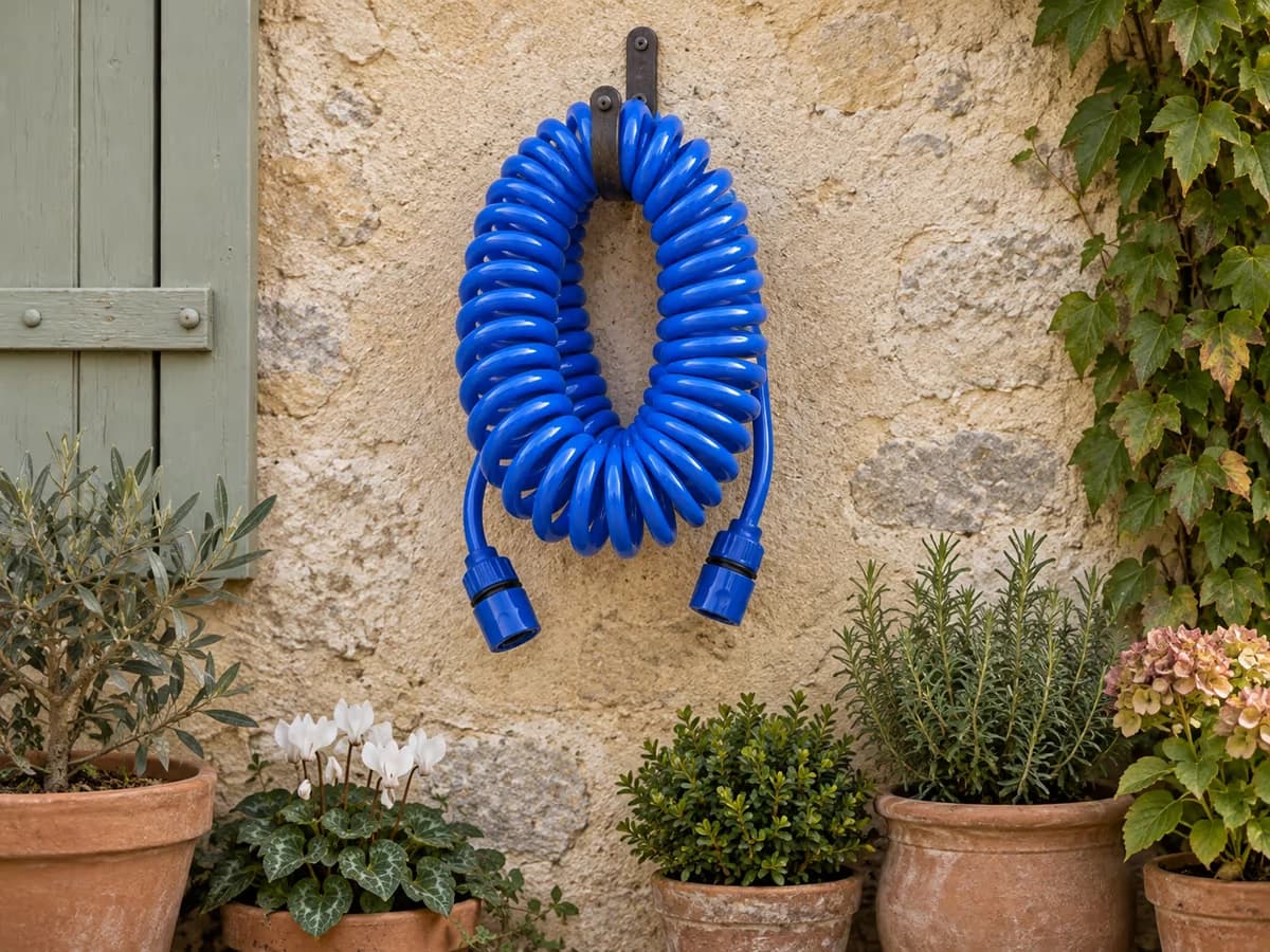 Tuyau spiralé bleu suspendu en boucles serrées à un crochet de terrasse, à l'ombre d'un mur, jardinières en dessous