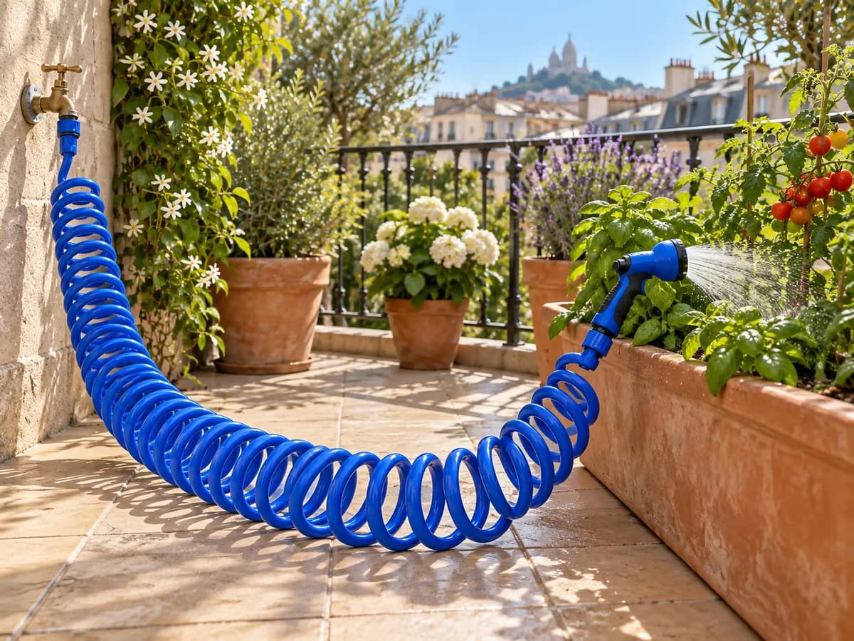 Tuyau spiralé rétractable bleu déployé sur une terrasse carrelée, arrosage de jardinières de basilic et de tomates cerises, spirale visible en accordéon