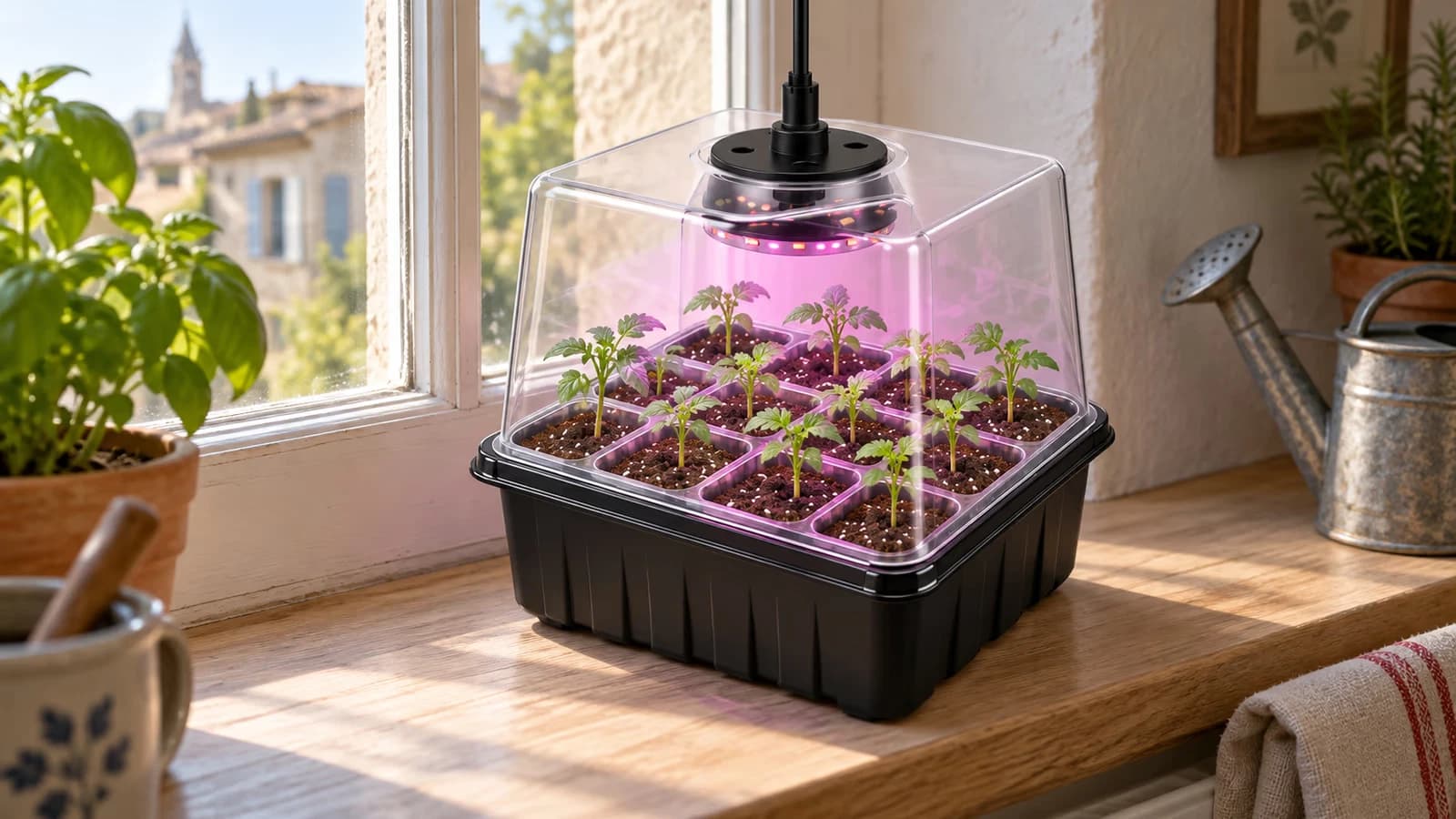 Mini serre noire à dôme transparent sur un rebord de fenêtre, lampe circulaire allumée au-dessus des jeunes pousses
