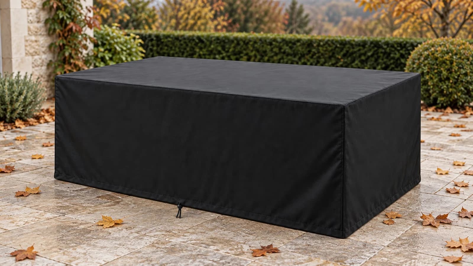 Table de jardin rectangulaire en bois couverte d'une housse noire à pans droits, retombée droite jusqu'aux dalles, sur une terrasse à l'automne