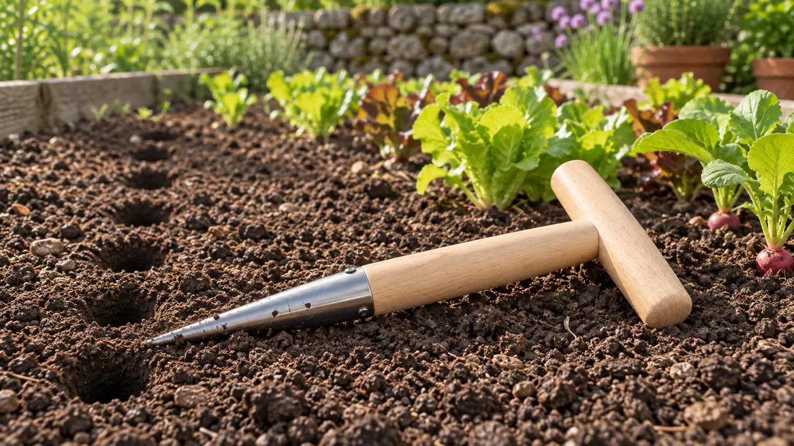 Plantoir à main posé en travers d'une planche de terre fine, pointe en acier dirigée vers un rang de semis