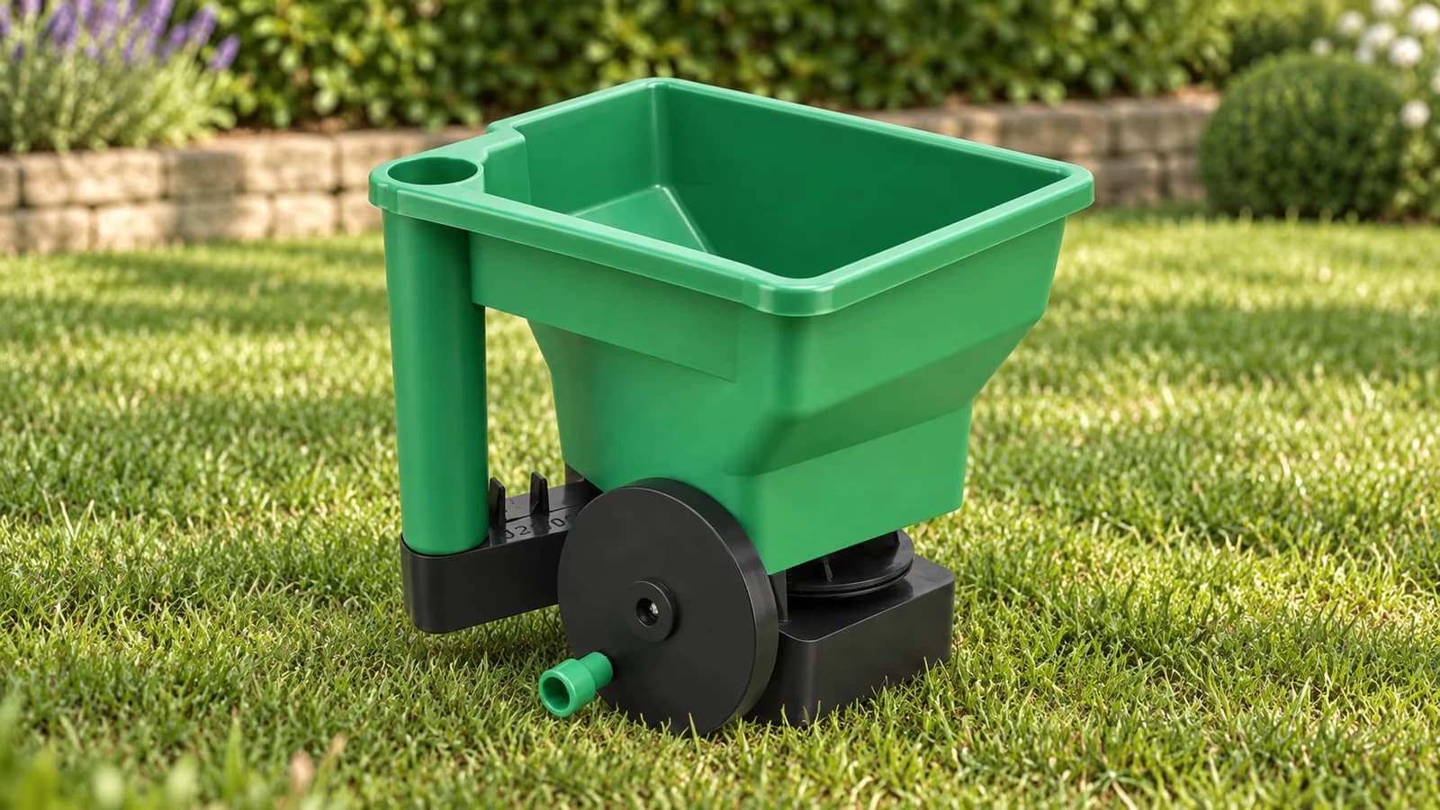 Épandeur à main vert à cuve ouverte posé sur une pelouse tondue, réglette graduée du socle et manivelle latérale visibles