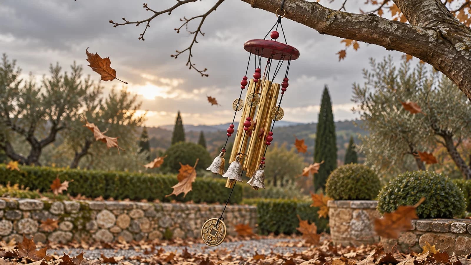 Grand carillon doré à tubes et clochettes argentées balancé par le vent sous une branche nue, feuilles mortes qui tombent