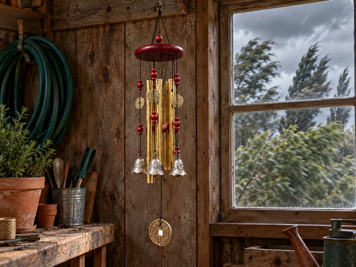 Carillon doré suspendu à un clou dans un abri de jardin, tubes immobiles, fenêtre donnant sur des arbres secoués par le vent