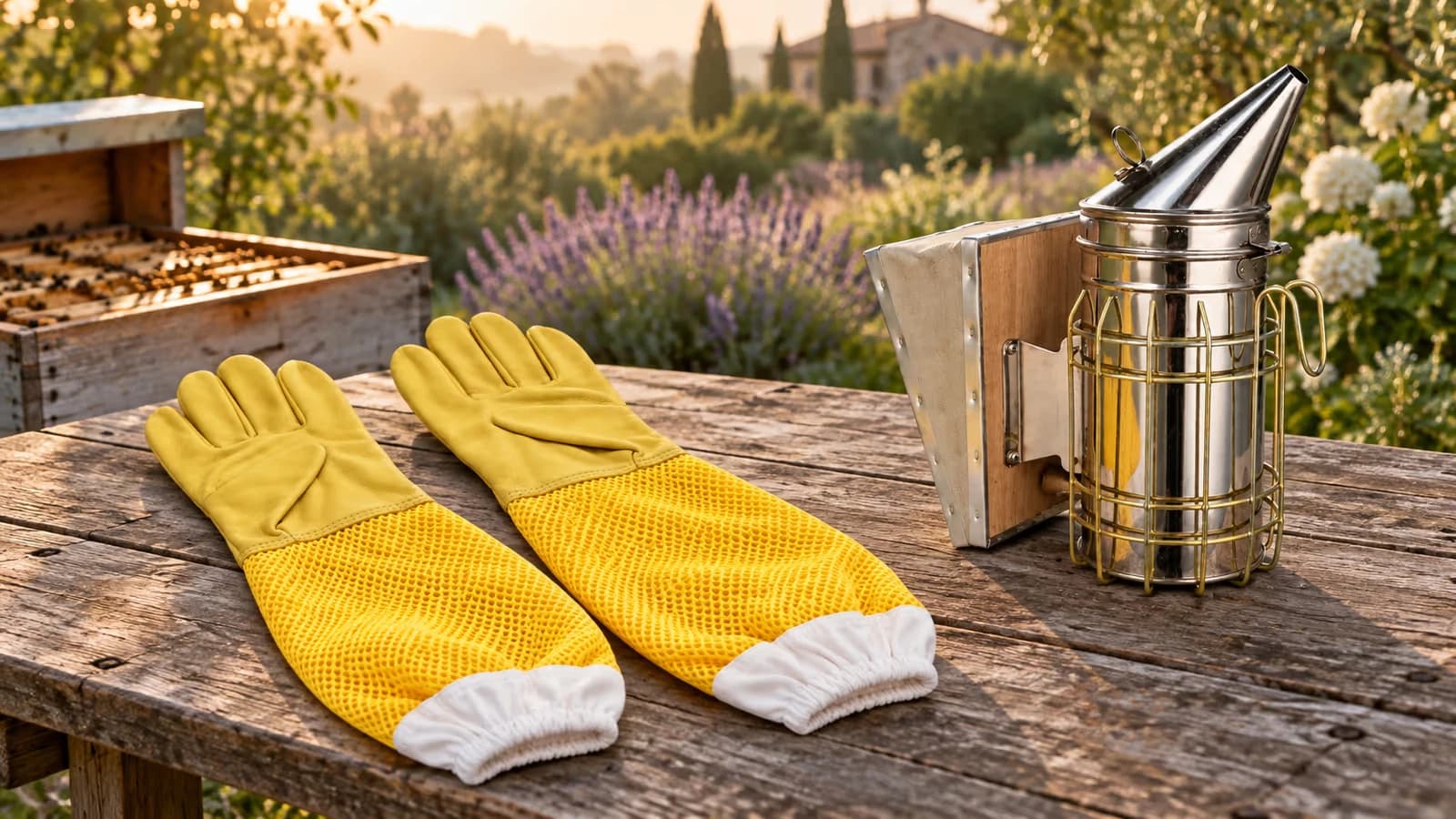 Paire de gants d'apiculteur jaunes retournée sur une table en bois, à côté d'un enfumoir, devant une ruche ouverte au matin