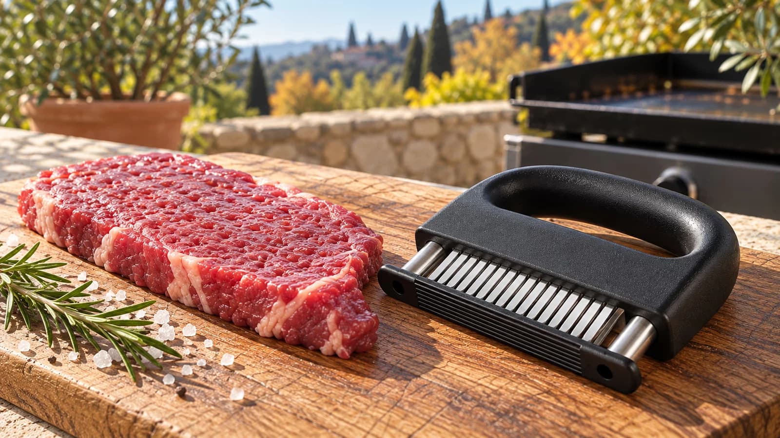 Steak de bœuf piqué posé sur une planche en bois avec un attendrisseur à dents en inox à côté
