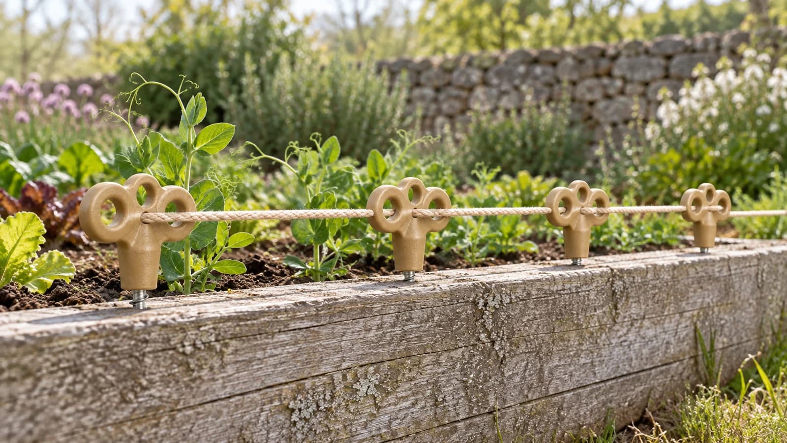 Pieux à vis à tête percée fixés dans une planche de bois avec des cordes tendues dans un potager au printemps