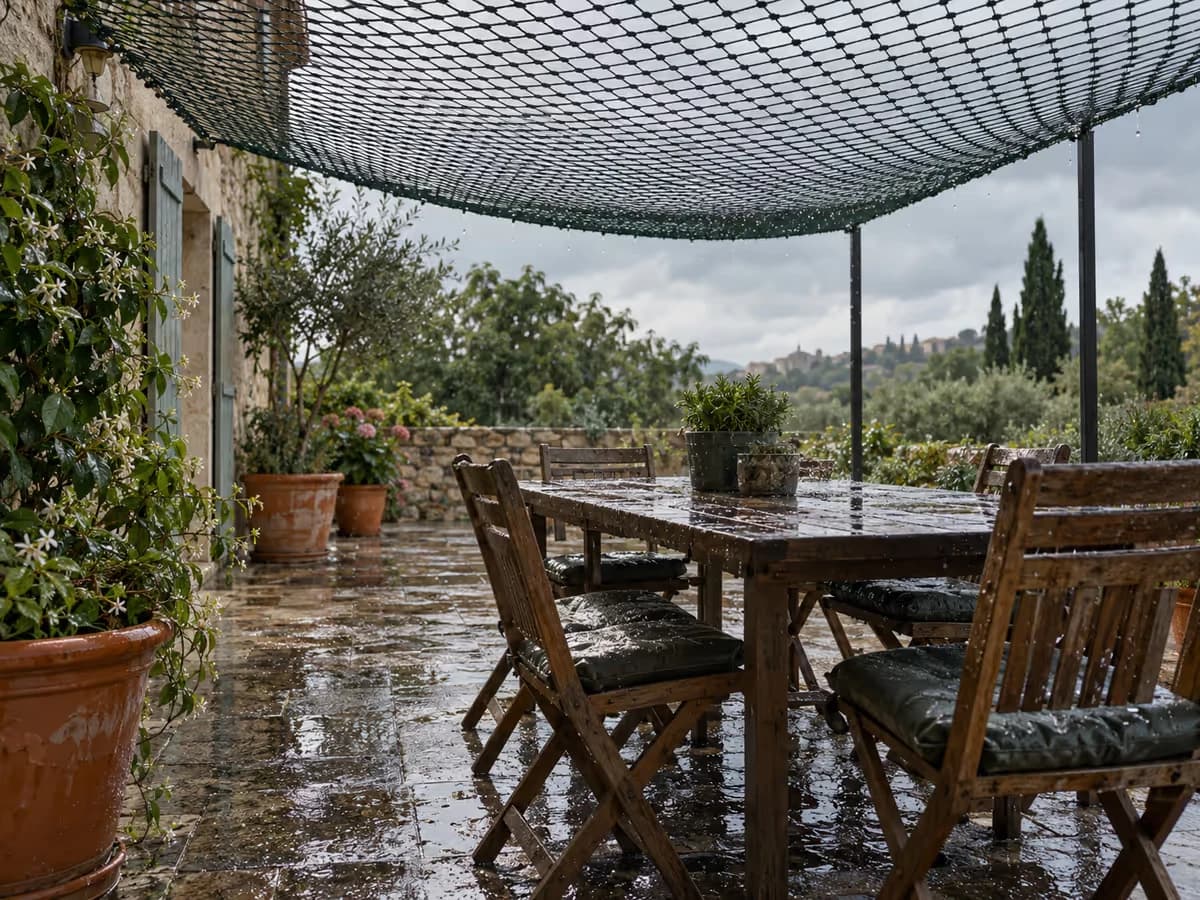 Filet d'ombrage tissé au-dessus d'une terrasse après une averse, sol et mobilier mouillés sous la maille