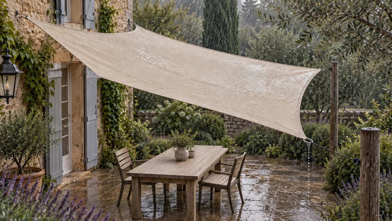 Voile d'ombrage beige tendue au-dessus d'une terrasse sous une averse, gouttes visibles sur la toile et ruissellement vers un coin bas