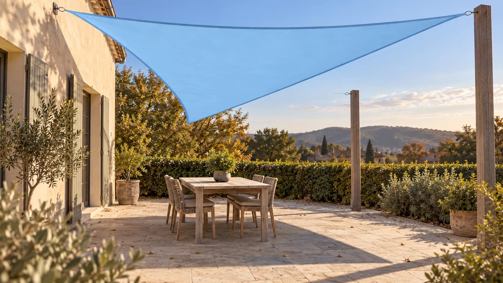 Voile d'ombrage triangulaire bleu ciel de 5 x 5 x 5 m tendue au-dessus d'une table de terrasse, trois pointes accrochées à un mur et à deux poteaux