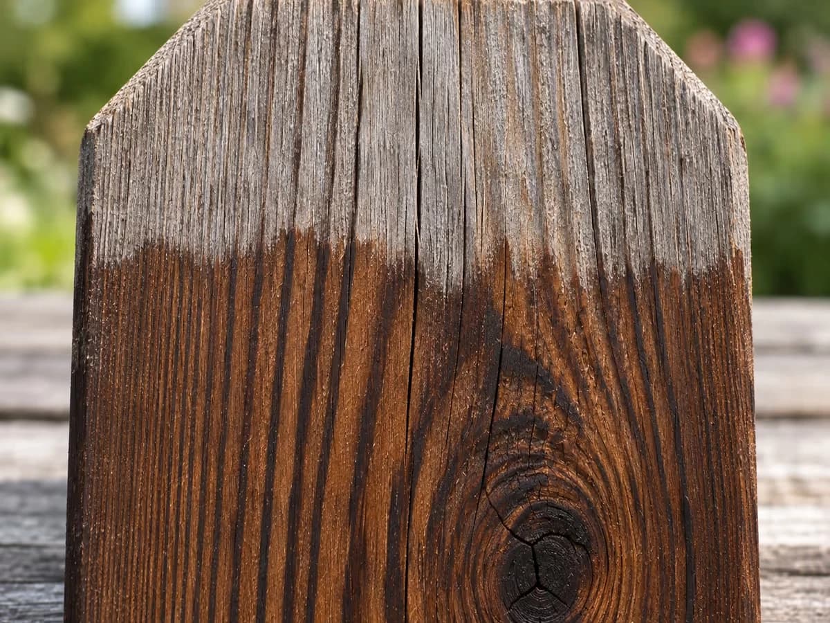 Surface d'une lame de pin carbonisé vue de près, teinte gris clair sur le haut et brun foncé veiné sur le bas