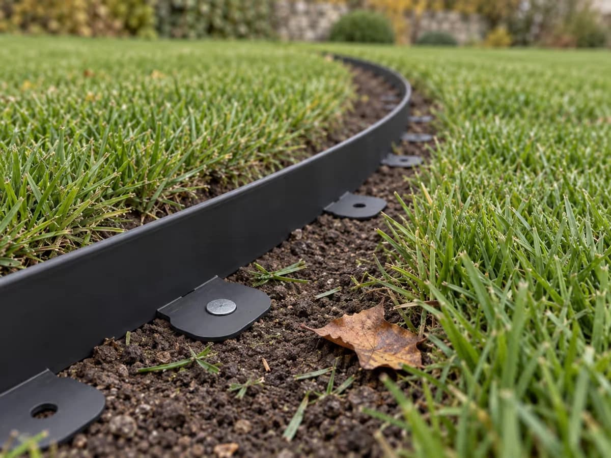 Bande de bordure noire piquée le long d'une pelouse rase, pattes plates alignées sur la terre et clou à tête plate en place