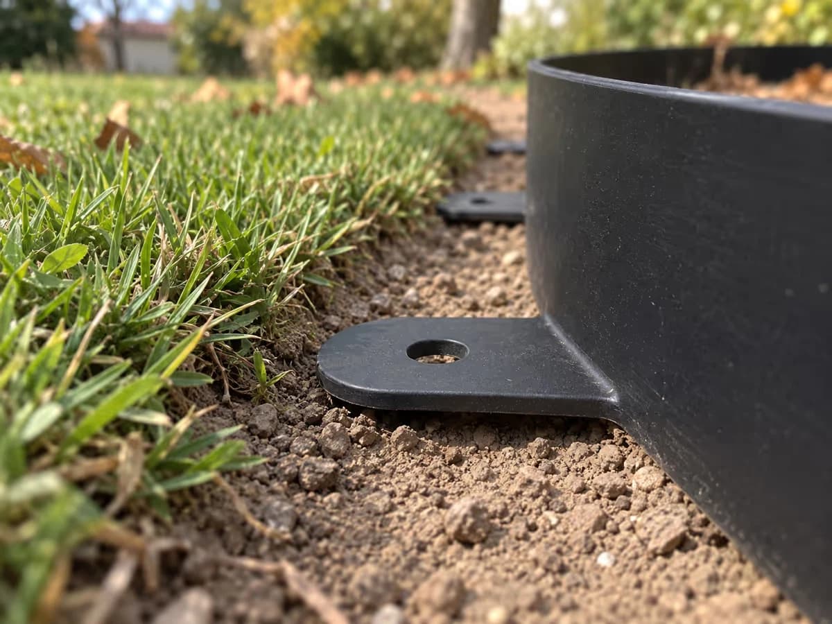 Patte plate d'une bordure noire posée sur une bande de terre nue et soufflée, à côté du gazon ras