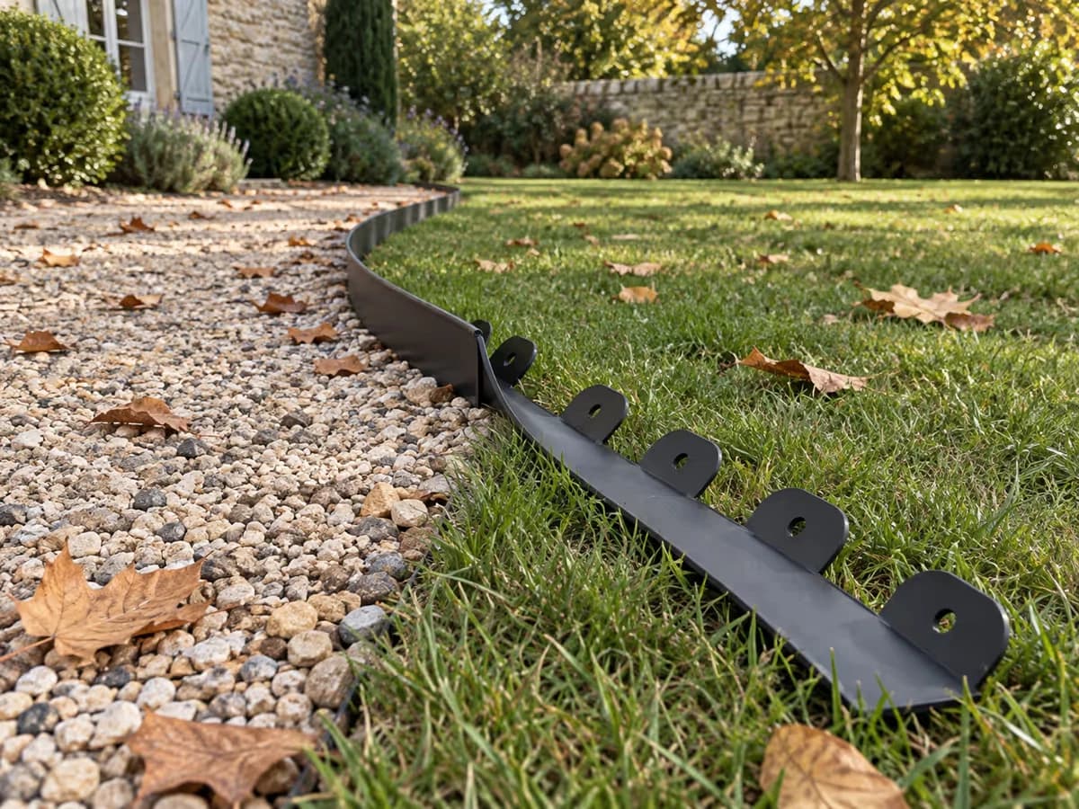 Tronçon de bordure noire couché sur l'herbe rase le long d'une allée de graviers, pattes apparentes
