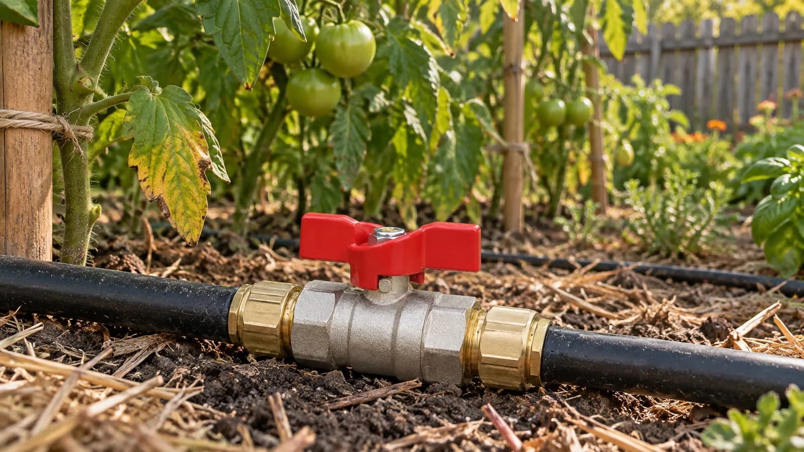 Vanne d'arrêt en laiton à poignée papillon vissée à l'entrée d'une ligne de goutte-à-goutte, plants de tomates tuteurés en arrière-plan