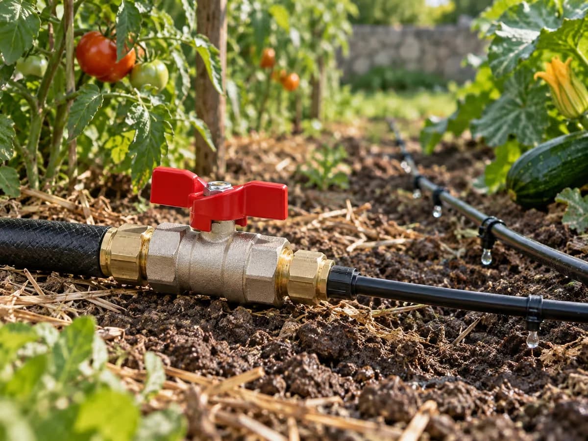 Rampe de goutte-à-goutte coupée à son entrée par une vanne laiton, gouttes suspendues aux goutteurs suivants dans un potager