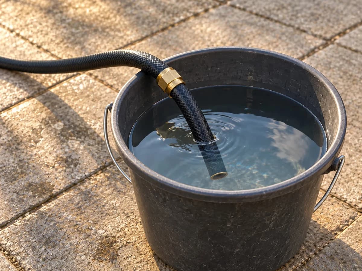Extrémité d'un tuyau d'arrosage noir plongée dans un seau d'eau posé sur une terrasse carrelée, soleil de fin d'après-midi