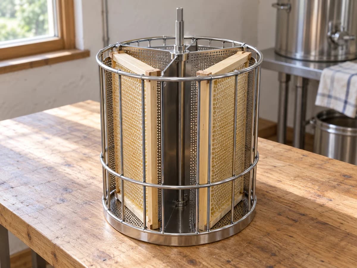Panier amovible à deux logements en fil inox, deux cadres de ruche engagés bien à plat contre les parois, sur un établi