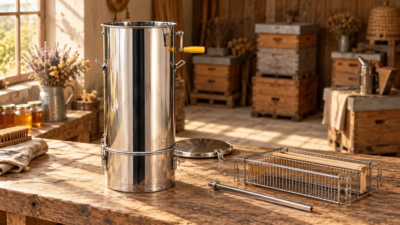 Extracteur de miel deux cadres ouvert sur un établi de miellerie, panier amovible posé à côté du fût en inox, lumière de fin d'après-midi
