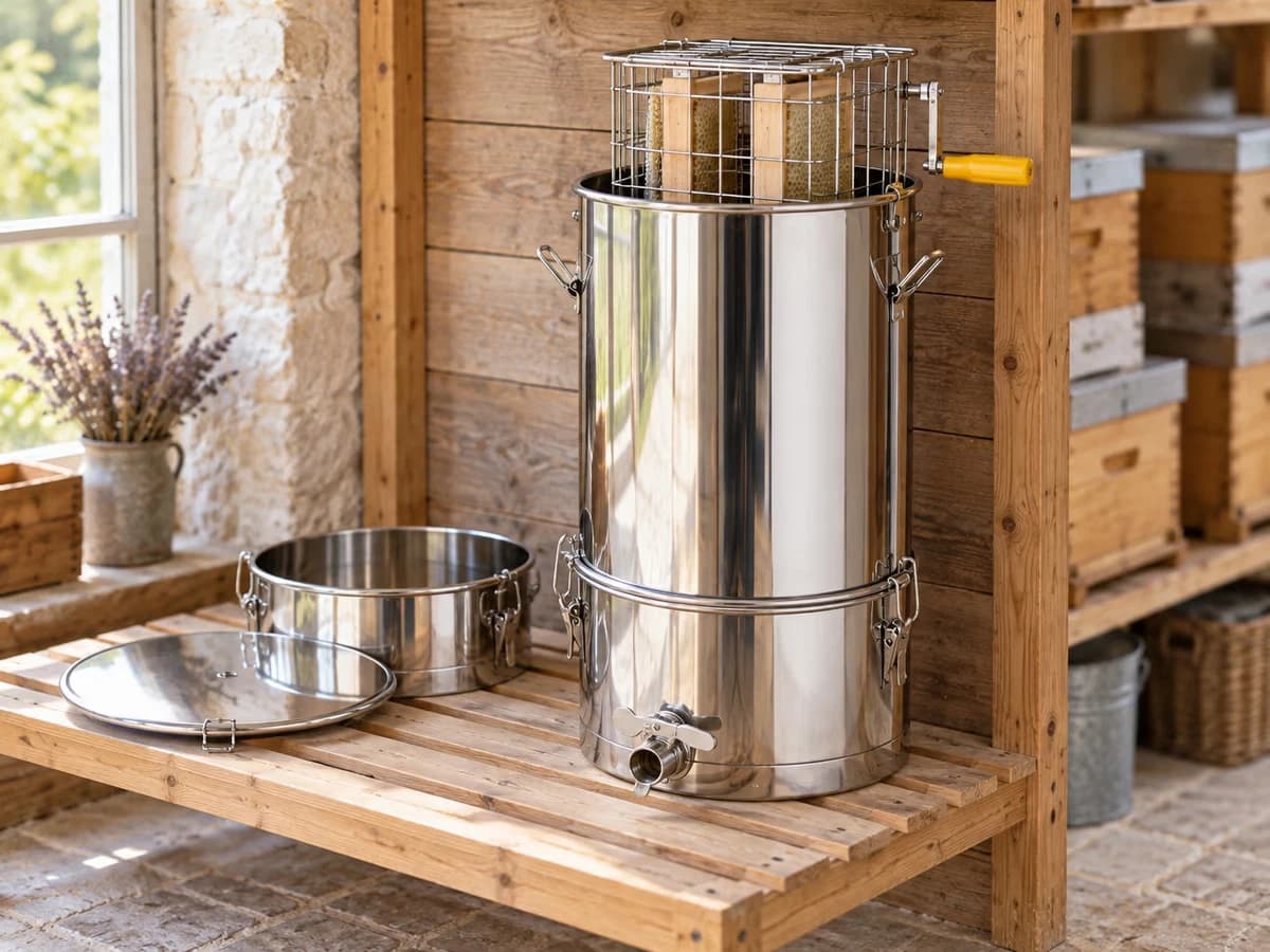 Extracteur de miel deux cadres remonté sur une étagère d'atelier ventilé, panier posé à l'intérieur du fût, robinet ouvert