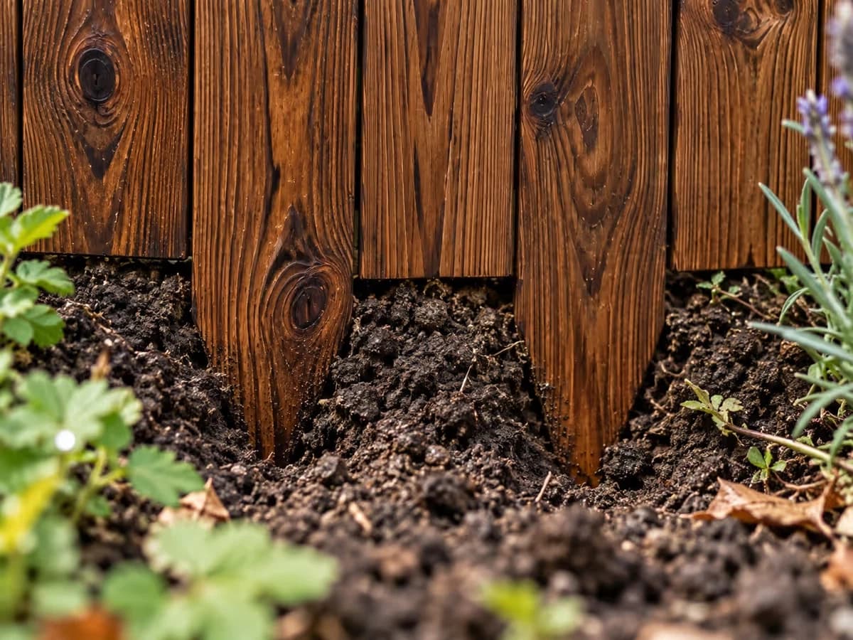 Gros plan du bas d'un panneau de bordure en pin brun foncé, deux lames en pointe enfoncées dans une terre fine tassée contre les lattes