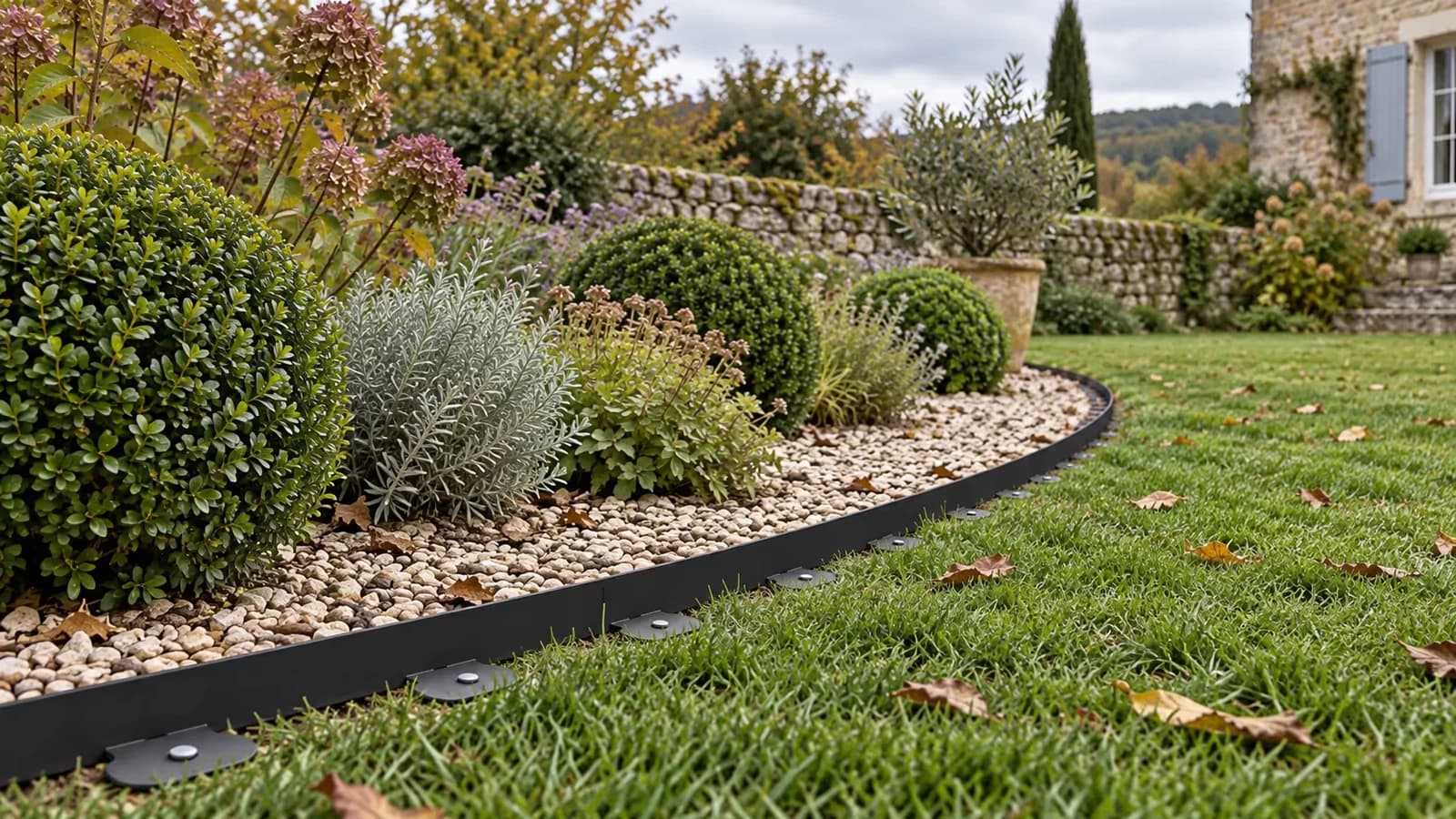 Bordure de gazon noire piquée en limite d'un massif de vivaces, clous à tête plate visibles sur une pelouse d'automne