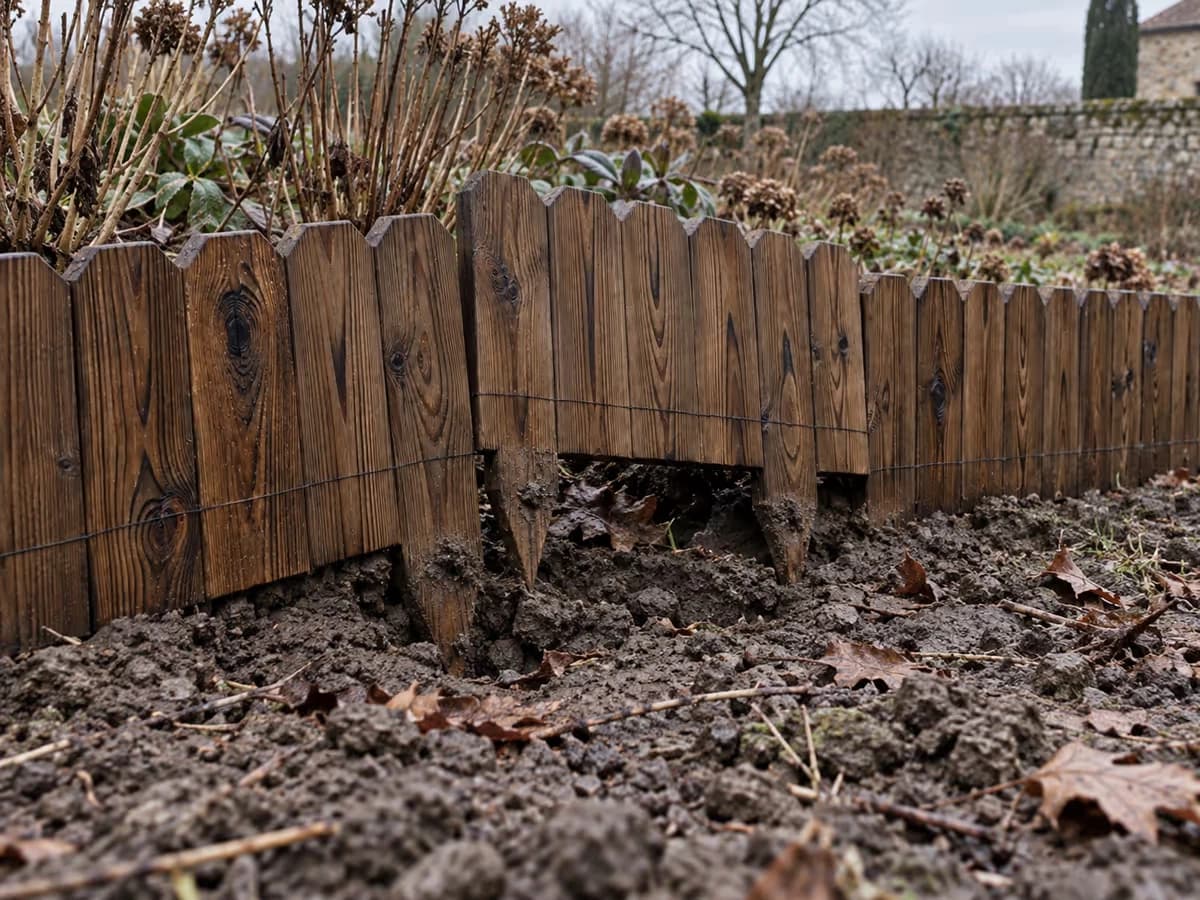 Ligne de bordure en lattes de pin brun foncé à demi relevée après l'hiver, terre froide et feuilles mortes à la base