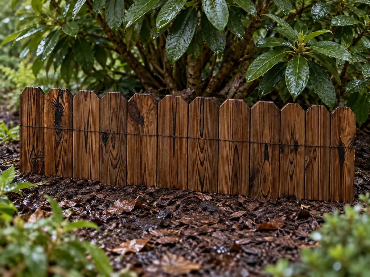 Panneau de bordure en lattes de pin brun foncé planté à la main au pied d'un rhododendron, terre humide et paillée