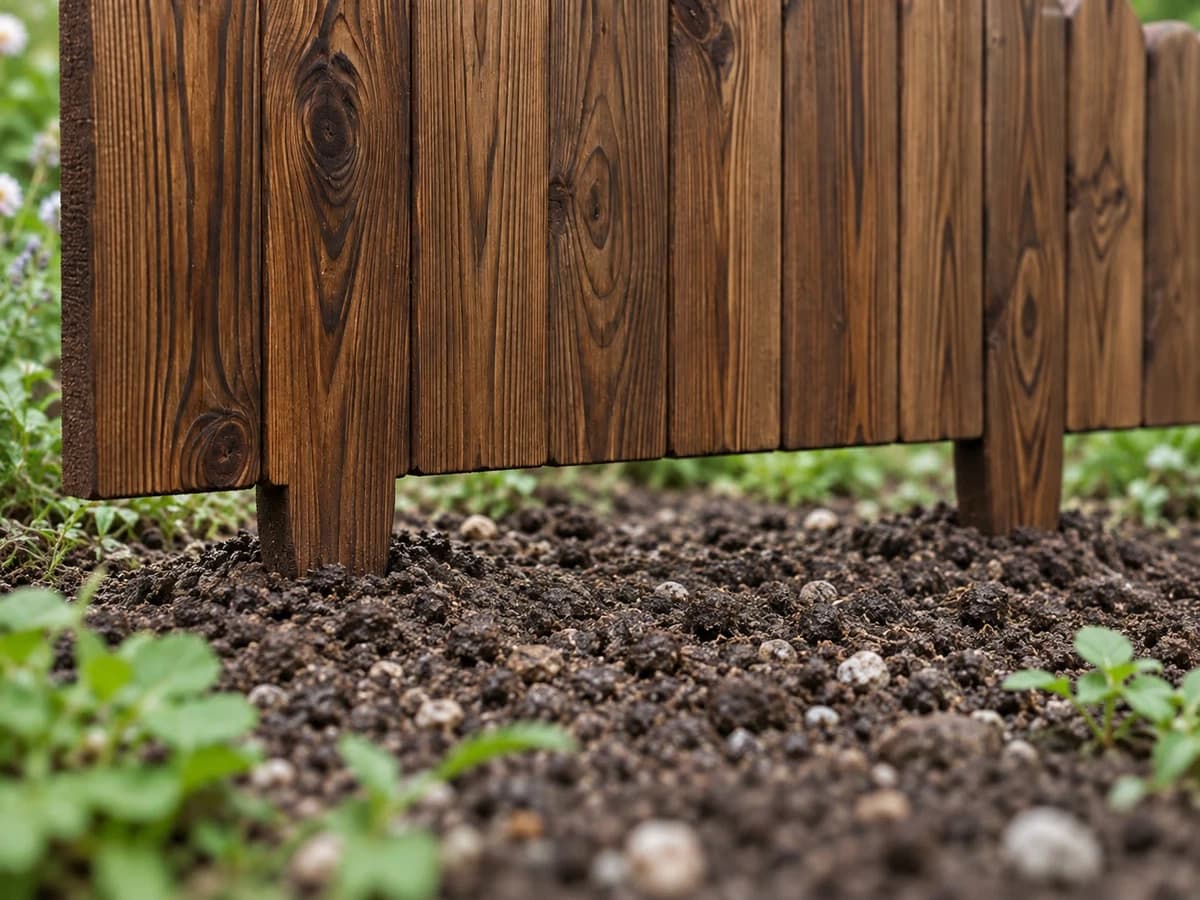 Bas d'un panneau de bordure en pin planté dans une terre fine, les deux lattes en pointe prises dans le sol