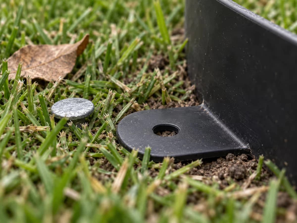 Vue rasante d'une tête de clou plate affleurant l'herbe tondue, à côté d'une patte noire percée posée au sol