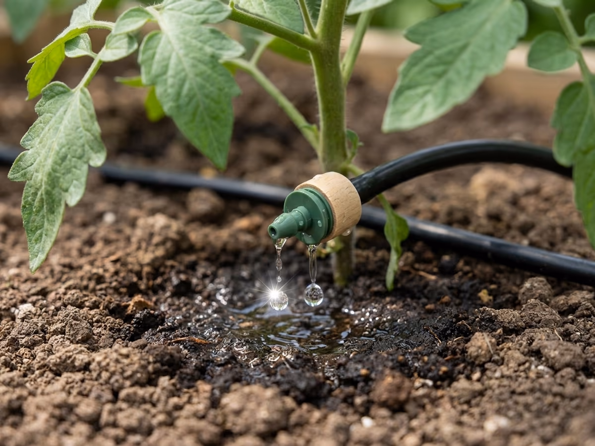 Goutteur reglable laissant tomber une goutte d'eau au pied d'un plant de tomate