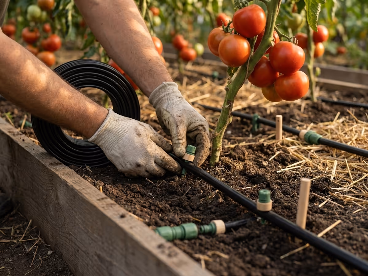 Mains gantees deroulant un tuyau goutte a goutte le long d'un rang de tomates paille