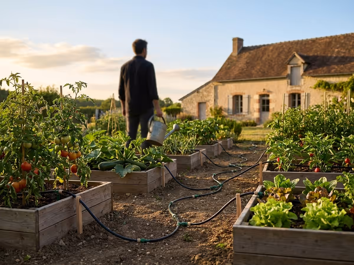 Vue d'ensemble d'un potager familial francais equipe d'un systeme goutte a goutte