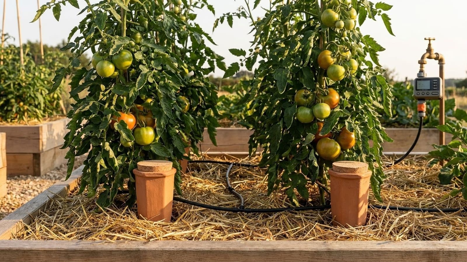 Potager familial paille avec oyas en terre cuite, goutte a goutte et programmateur installes avant un depart en vacances d'ete