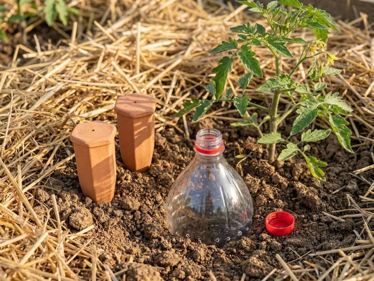 Bouteille plastique recyclee enterree au pied d'un plant de tomate dans un potager familial, goulot depassant du sol et paillage paille autour