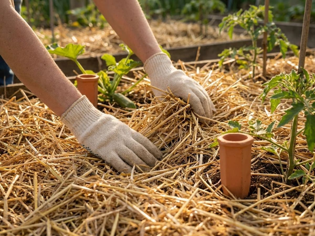 Paillage paille epais de 8 a 10 centimetres sur un potager familial avec tomates et courgettes, prepare avant un depart en vacances
