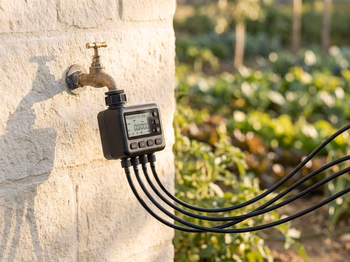 Programmateur d'arrosage 4 zones visse sur un robinet exterieur de jardin, avec tuyaux goutte a goutte partant vers le potager