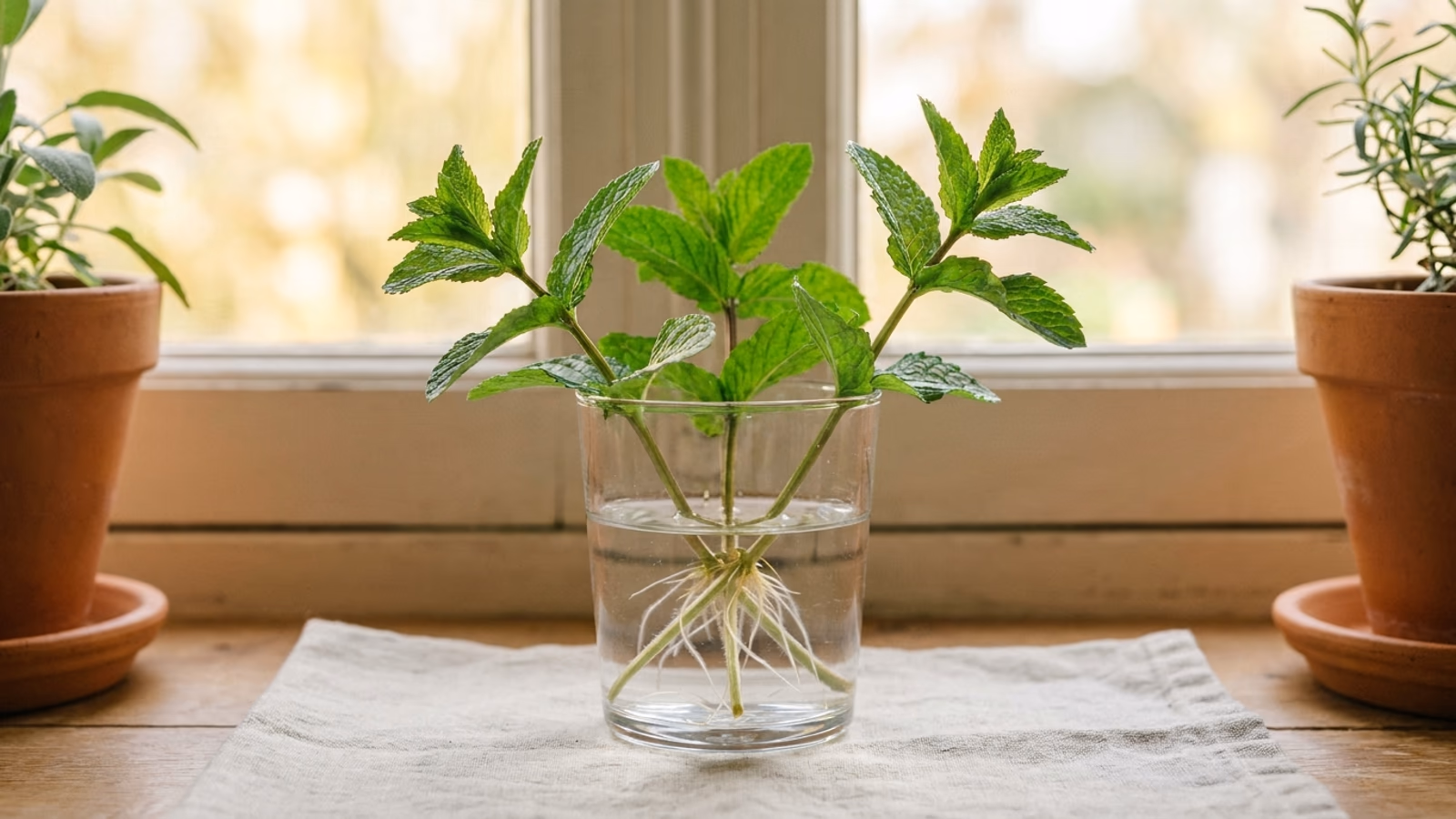 Trois tiges de menthe en bouturage dans un verre transparent posé devant une fenêtre, premières racines blanches visibles