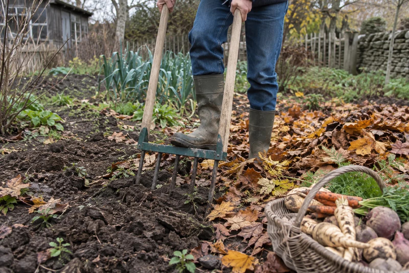 Travaux d'automne au potager en novembre, grelinette dans le sol, feuilles mortes en paillage, panier de legumes racines