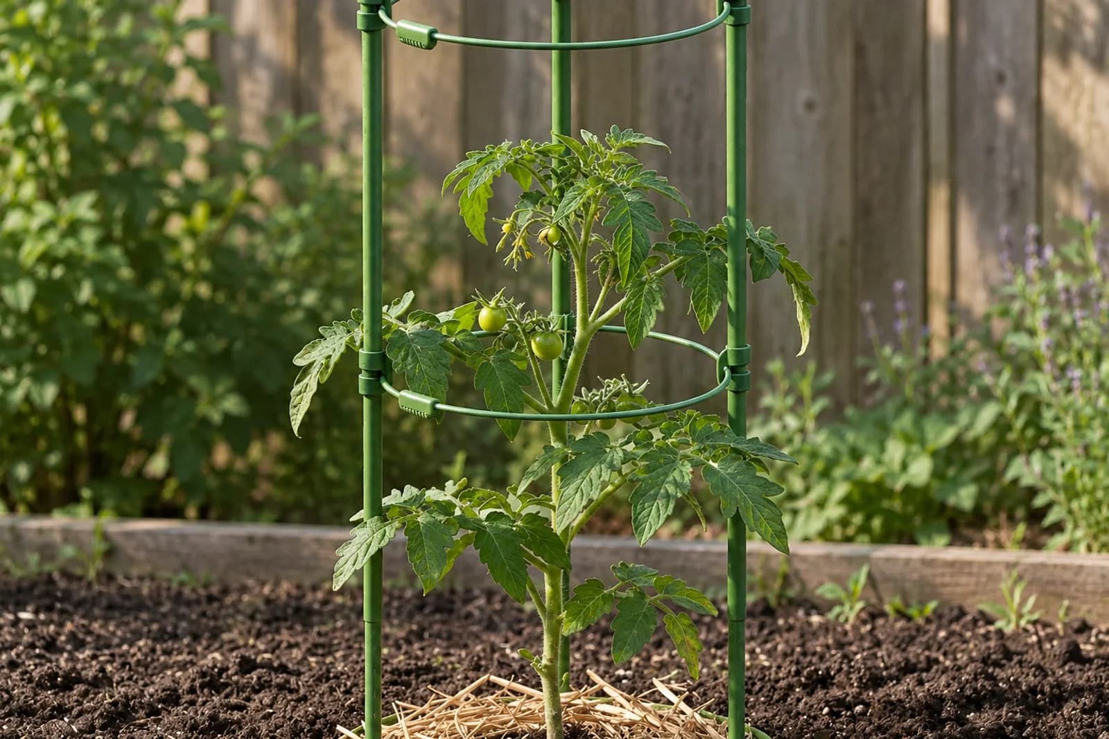 Tuteur empilable modulaire vert assemble a 60 cm autour d'un jeune plant de tomate en juin, sections clipsables visibles