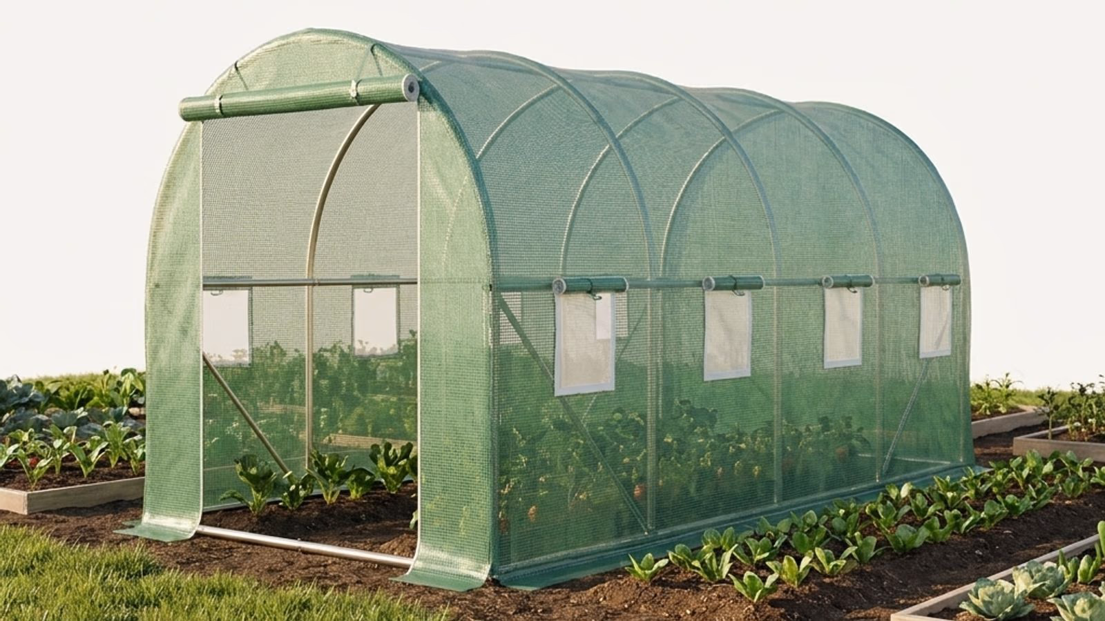 Serre tunnel de jardin 3 sur 2 mètres installée dans un potager familial français à la fin du printemps