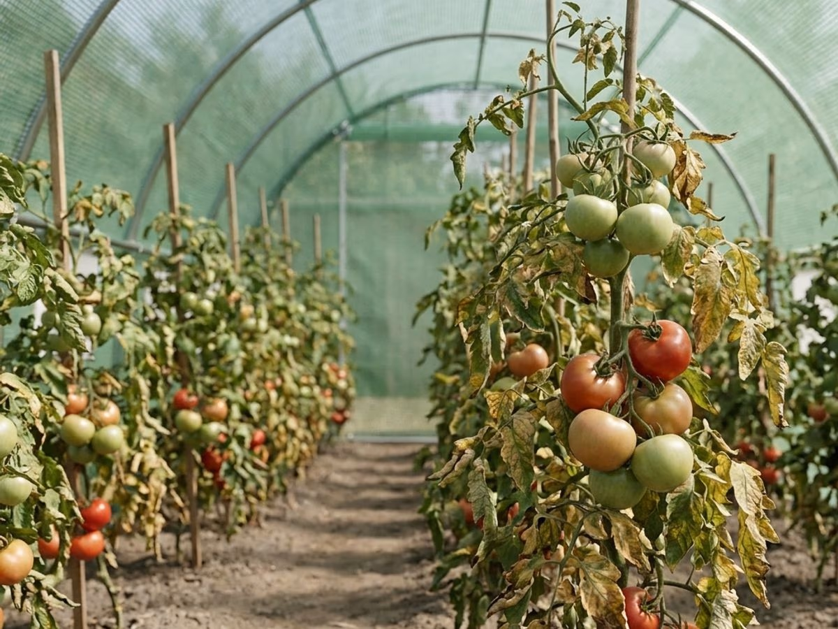 Plants de tomates en rangs serres sous une serre tunnel, feuillage sec et fruits en grappe au stade vert tournant