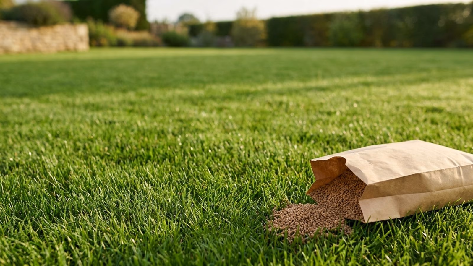 Pelouse française dense et verte au printemps avec sac d'engrais gazon ouvert posé sur la bordure