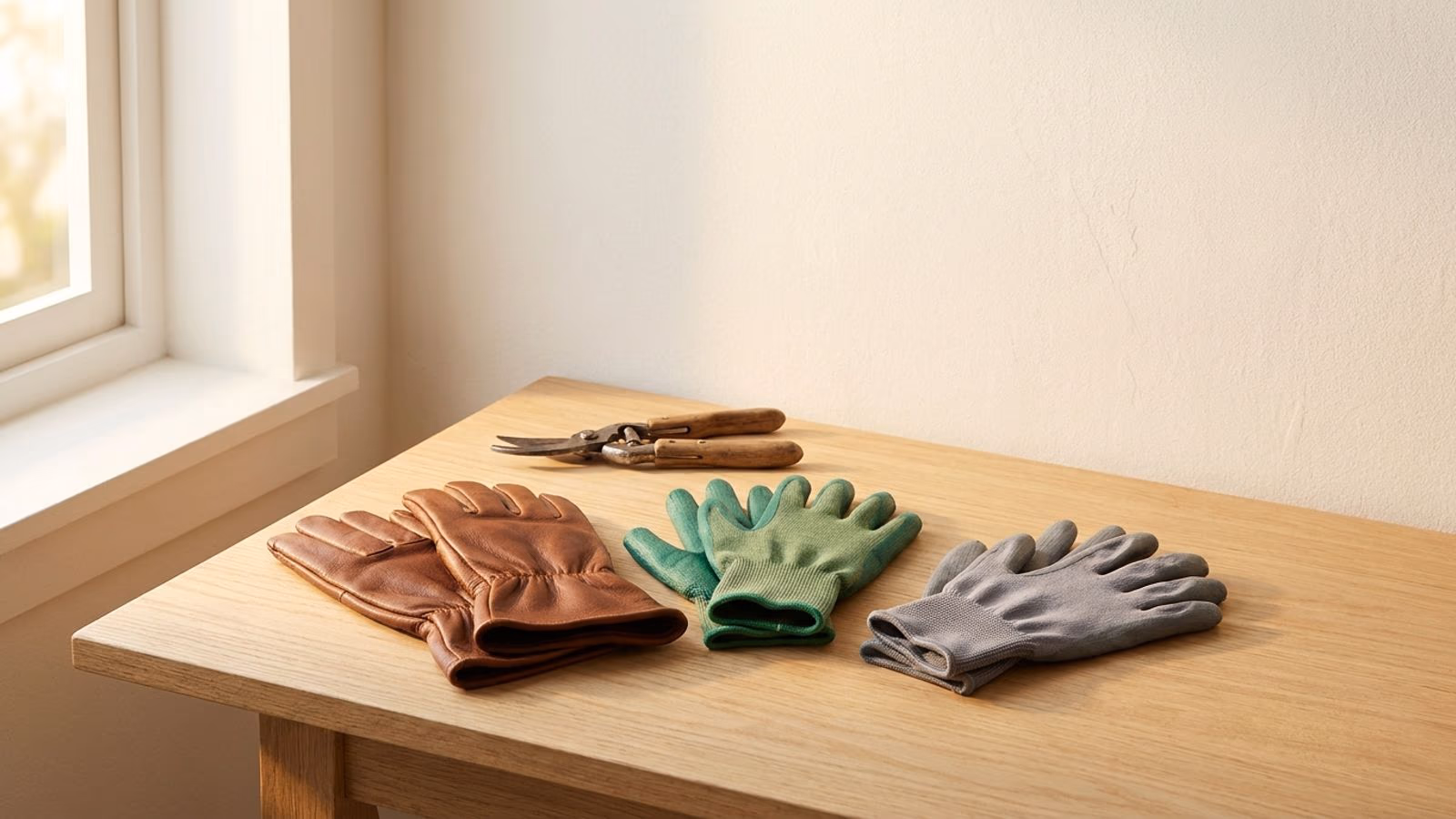 Trois paires de gants de jardinage cuir nitrile et coton enduit posees sur un etabli bois clair avec secateur