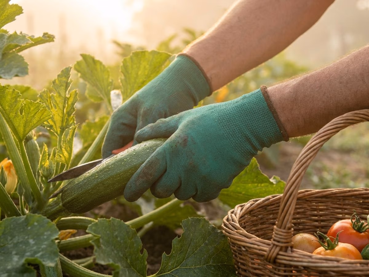 Mains gantees en nitrile vert cueillant des courgettes dans un potager d'ete au lever du soleil