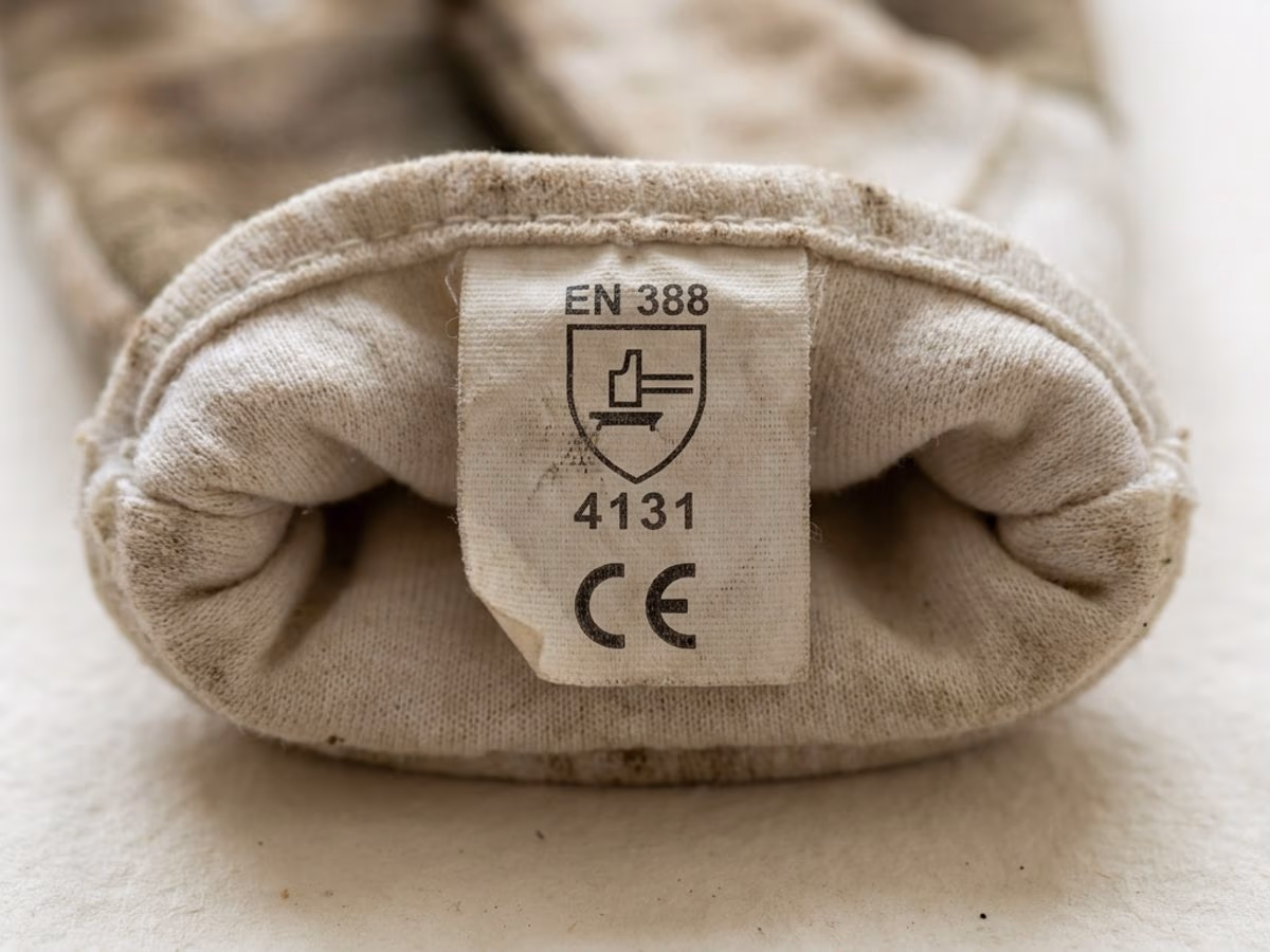Etiquette interieure d'un gant de jardinage avec pictogramme EN 388 et notation 4131 visible